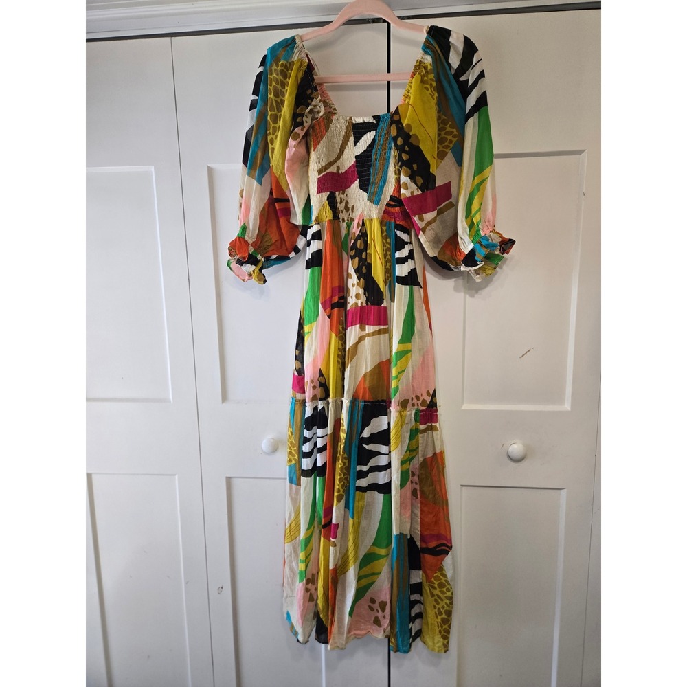 Fate Multi Color Abstract Print Smocked Puff Sleeve Cotton Maxi Dress FD9171 S